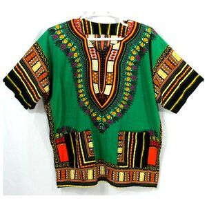Vintage Colorful Cotton V Neck Short Sleeve African Dashiki Top T Shirt L 1970s